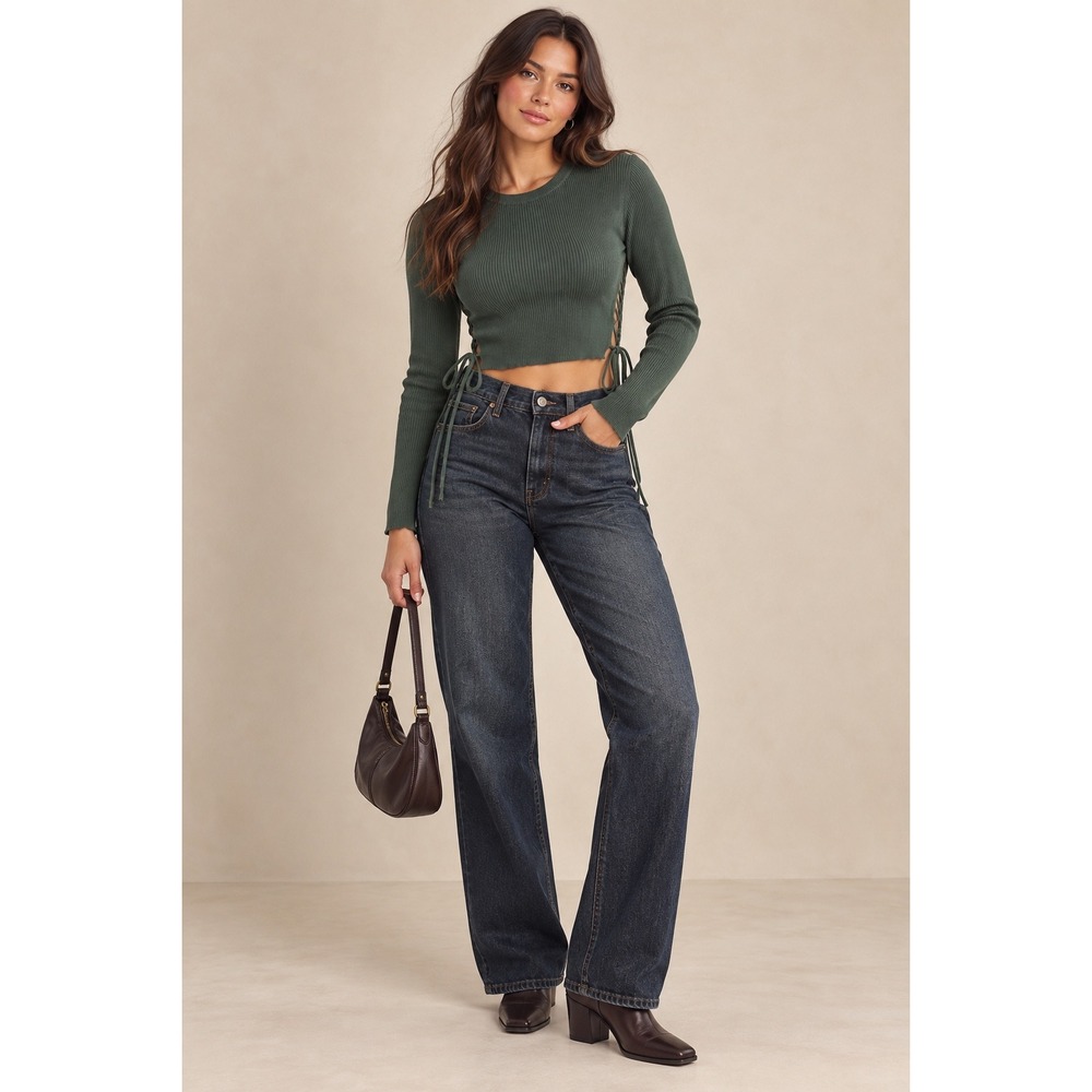Zara Ribbed Crop Top Green Side Tie Long Sleeve Knit Gorpcore M
